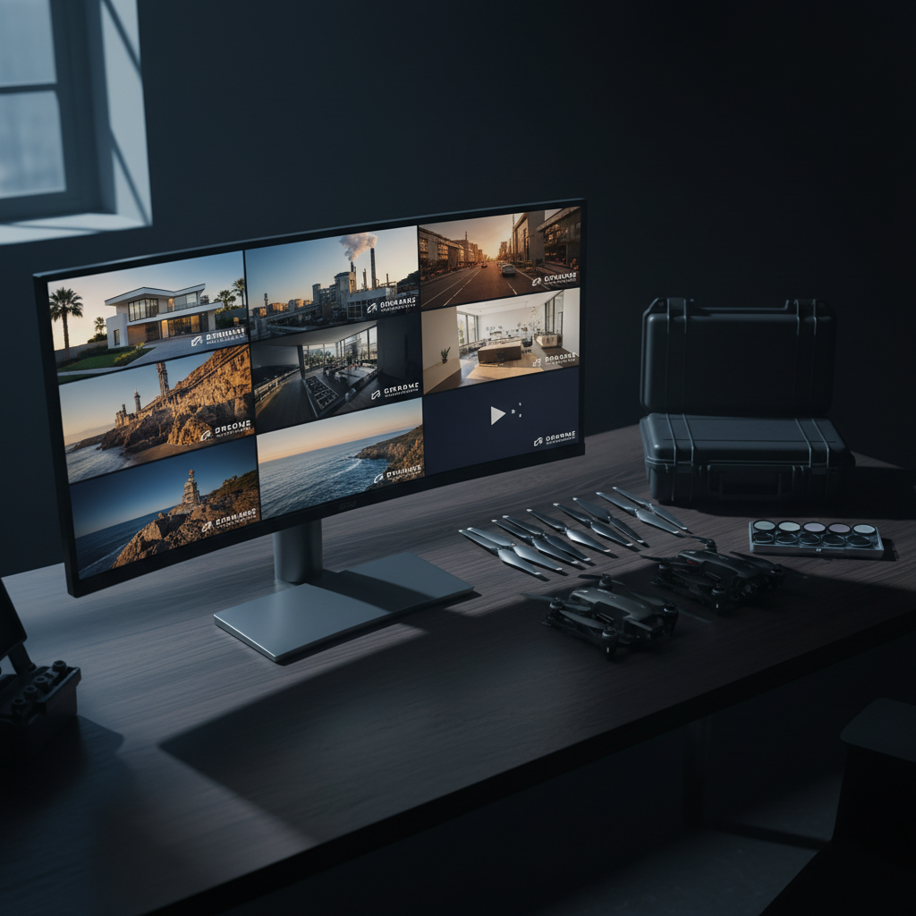 A clean, modern studio-style layout showcasing a curated portfolio grid on a large, ultra-wide monitor, featuring miniature drone footage thumbnails of diverse projects: real estate exteriors, dramatic industrial sites, sweeping coastal scenes, and smooth interior fly-throughs. The monitor rests on a dark wood desk beside neatly arranged professional drone gear: folded FPV drones, spare propellers, rugged cases, and ND filters. Cool, directional side lighting from an unseen window highlights the screens and equipment, casting precise shadows and subtle reflections. Photographic realism with a bold, high-contrast look, shot from a slightly elevated angle to capture the entire workstation. The mood suggests sharp professionalism, variety, and readiness for any small cinematic job.