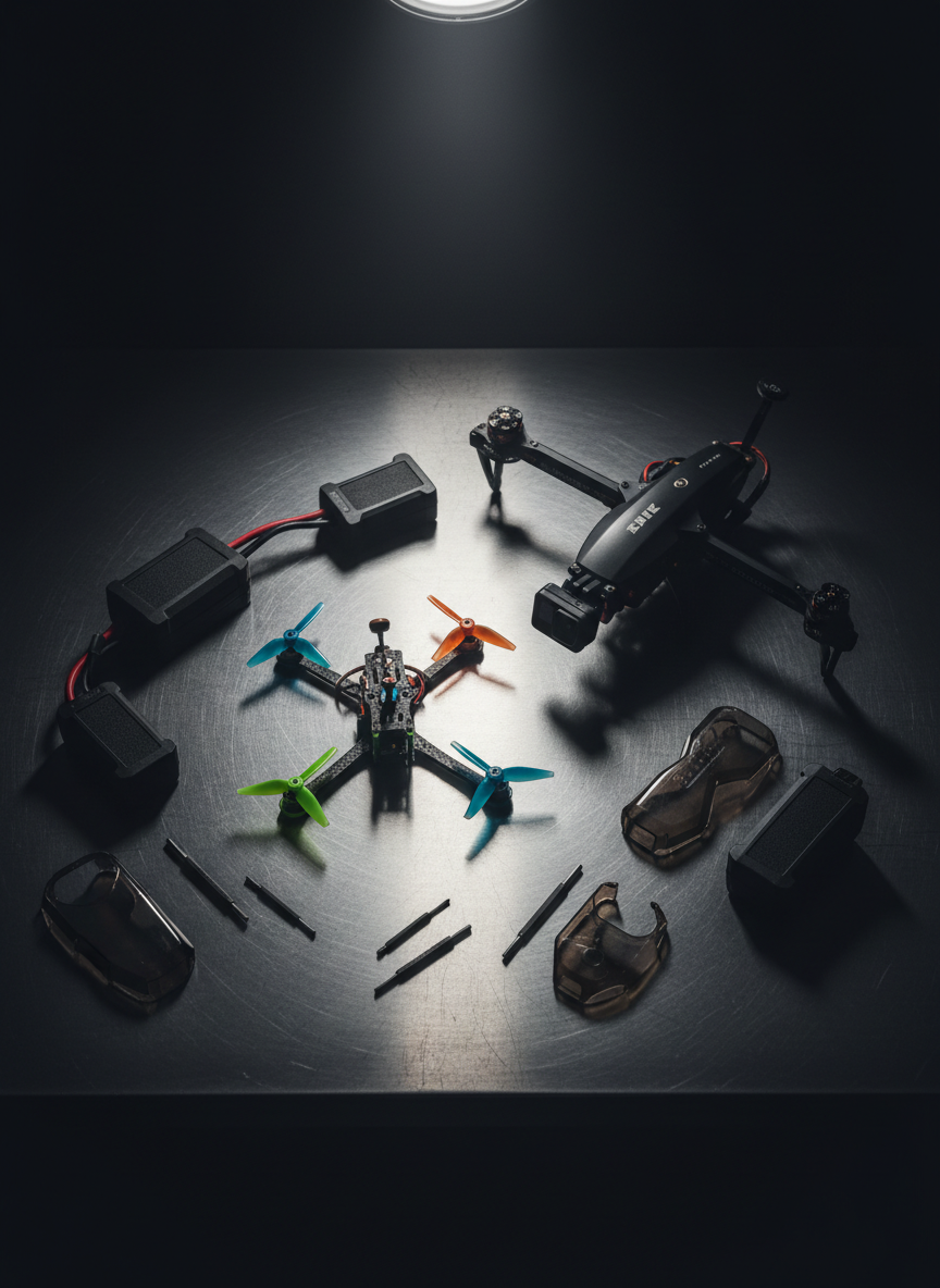 A dark, moody staging table displaying an array of high-end drone and FPV gear arranged with meticulous precision: a compact racing drone with brightly colored props, a larger cinematic quad with a mounted action camera, rugged batteries, tools, and prop guards laid out on a brushed metal surface. A single overhead spotlight creates dramatic, high-contrast lighting, carving out sharp highlights along carbon fiber arms and aluminum components while plunging the background into soft shadow. Photographic realism with a bold, almost product-photography feel, shot from a top-down perspective. The mood is technical, serious, and performance-driven, emphasizing readiness for any specialized small-job flight or cinematic mission.