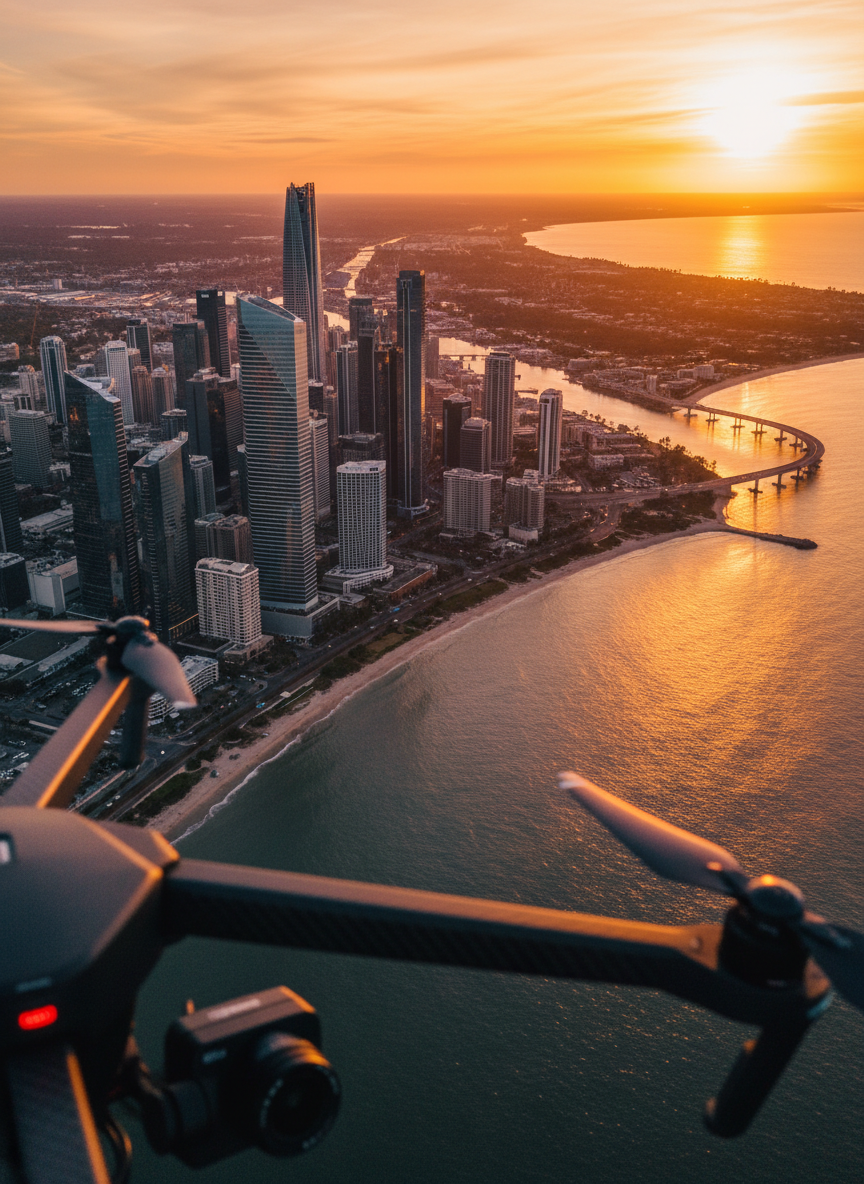 A dramatic cinematic aerial view of a coastal city at sunset, seen as if through a high-end drone camera. Sharp, detailed skyscrapers catch the amber glow while a winding shoreline reflects streaks of pink and orange. The lower edge of the frame includes a subtle, in-focus portion of a drone prop arm and camera housing, hinting at the equipment without dominating the shot. Photographic realism, with rich contrast and crystal-clear sharpness across the frame. The mood is bold, expansive, and filmic, conveying the potential for breathtaking establishing shots. Composed using the rule of thirds, with long shadows and warm light creating depth and a sense of professional, cinematic production.
