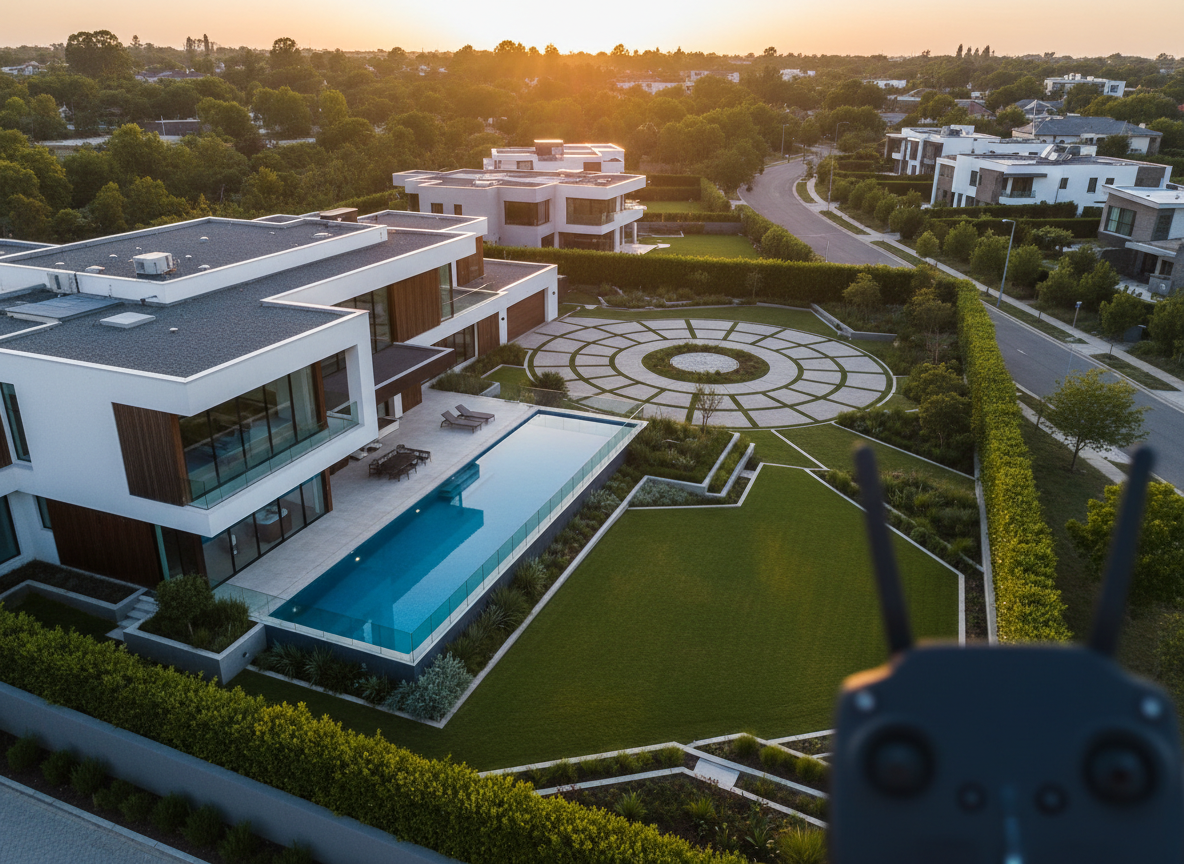 A polished residential property seen from above at a slight diagonal, captured in crisp detail as if from a professional drone shoot. The central modern home has clean lines, a glassy pool, and carefully manicured landscaping, all bathed in soft late-afternoon light that creates defined yet gentle shadows. The composition uses the rule of thirds, with the house offset and the yard, driveway, and surrounding neighborhood providing context. Photographic realism with vibrant but natural colors. Along the lower corner of the frame, a defocused silhouette of a drone controller and antenna suggests an active shoot without showing hands. The mood is confident and aspirational, ideal for real estate and small commercial portfolio highlights.