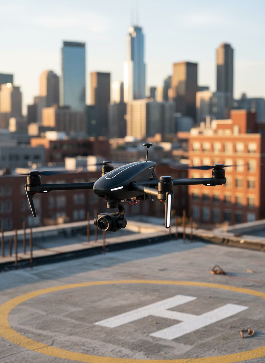 A sleek, professional FPV drone with matte black arms and bright, minimalist navigation LEDs hovers confidently in the foreground, its camera gimbal angled downward as if ready to capture a shot. Below it, a rugged urban rooftop with painted landing markers stretches toward a bright city skyline. Golden hour sunlight rakes across the scene, catching the drone’s carbon fiber texture and casting a crisp shadow on the concrete. Photographic realism with bold contrast, shot from a slightly low, three-quarter angle, emphasizing power and precision. The atmosphere feels dynamic and cinematic, with a shallow depth of field subtly blurring the city beyond to suggest limitless shooting possibilities.