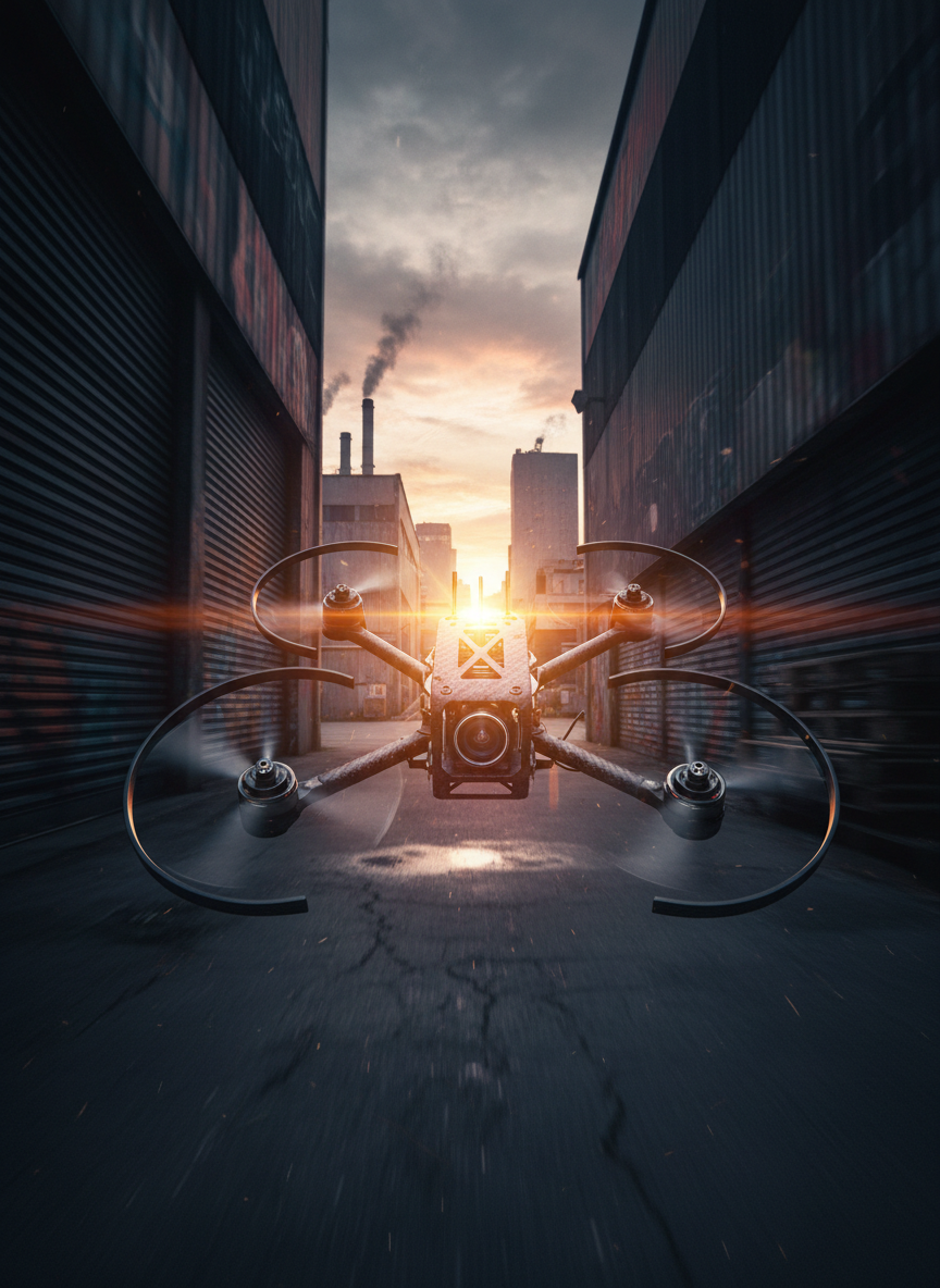 A powerful FPV drone bursting from a narrow warehouse alleyway into open space, captured mid-flight at high speed, its motion frozen with razor-sharp detail. The camera is positioned at a low, chase-style angle, as if another drone is filming, with blurred industrial walls streaking past on either side to create a sense of velocity. Early evening light spills in from the alley’s end, flaring slightly around the drone’s silhouette and glinting off its camera lens and reinforced frame. Photographic realism with a bold, gritty aesthetic and high contrast. The atmosphere feels adrenaline-filled and cinematic, perfect for showcasing dynamic FPV capabilities and high-intensity commercial shots.